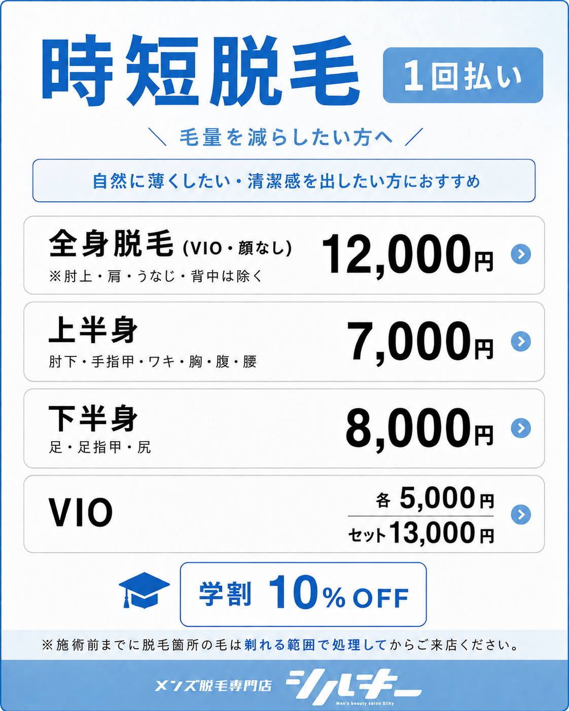 時短脱毛 1回払い料金表。全身脱毛（VIO・顔なし）12,000円、上半身7,000円、下半身8,000円、VIO各5,000円・セット13,000円。税込。 全身脱毛は肘上・肩・うなじ・背中を除きます。